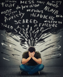 A man covers his face while surrounded by words related to anxiety including anxiety, nervous, panic, failure, and fear. Learn how an anxiety therapist in San Ramon, CA can help cope with anxiety symptoms via anxiety therapy in California. Search for online anxiety therapy in San Ramon, CA for support. 
